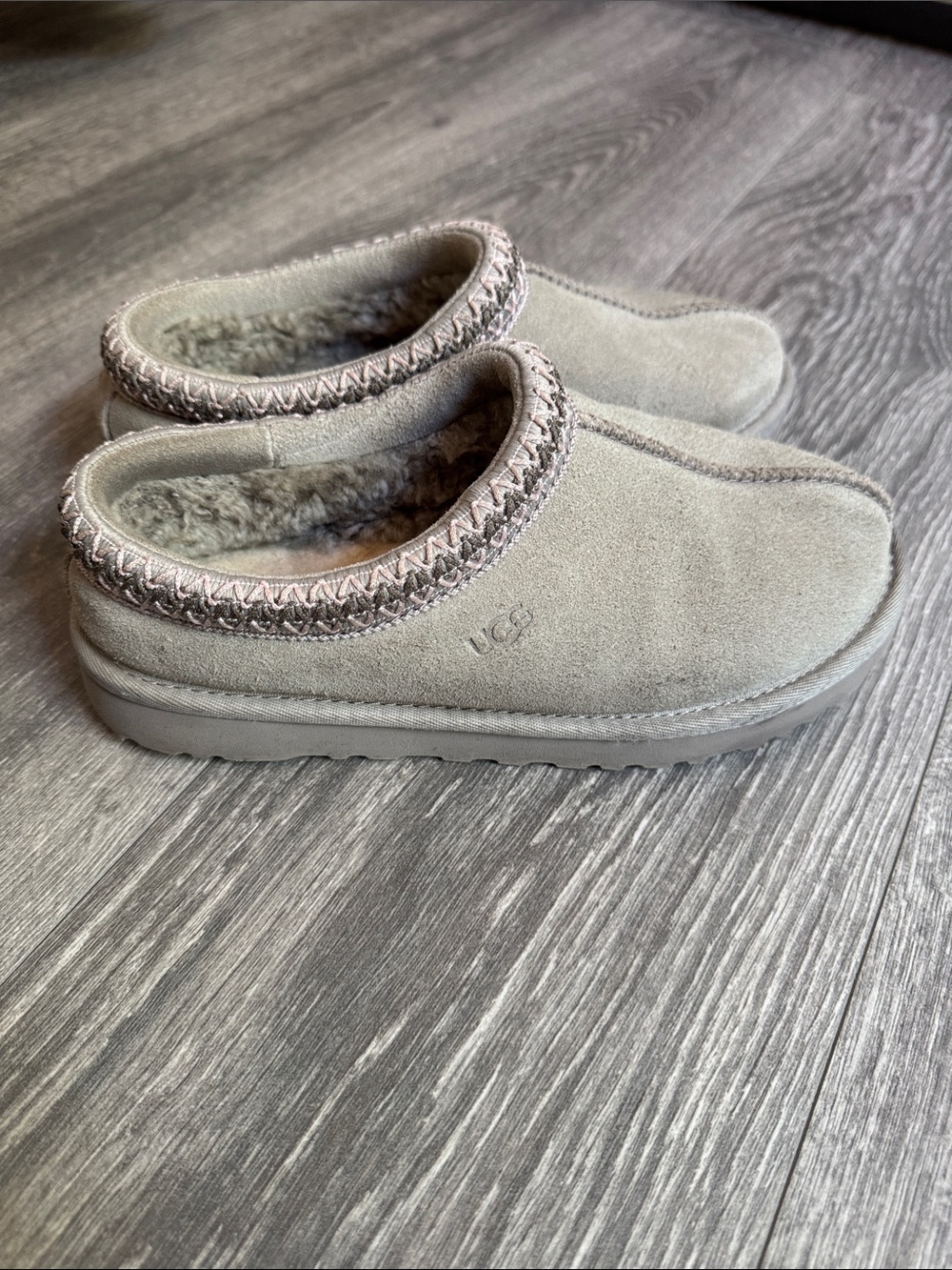 UGG Suede Shearling Lined Slip-On Clog in Light Gray